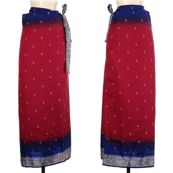 Vintage 90s Thai Silk by Apple Wrap Skirt Red Blue Filigree Ombre - Picture 3 of 9